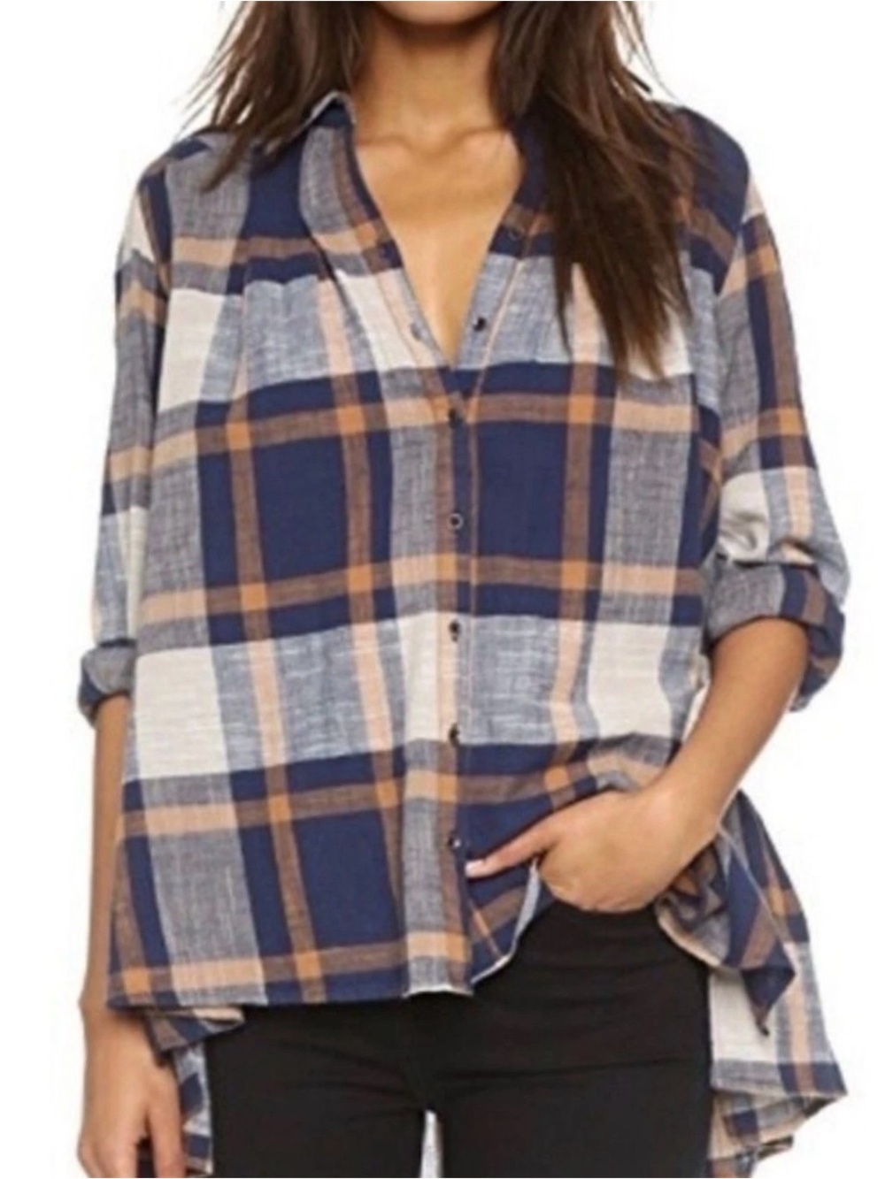 Free People Peppy In Plaid Button Front Tunic Flowy Swing Boho Western Womens XS